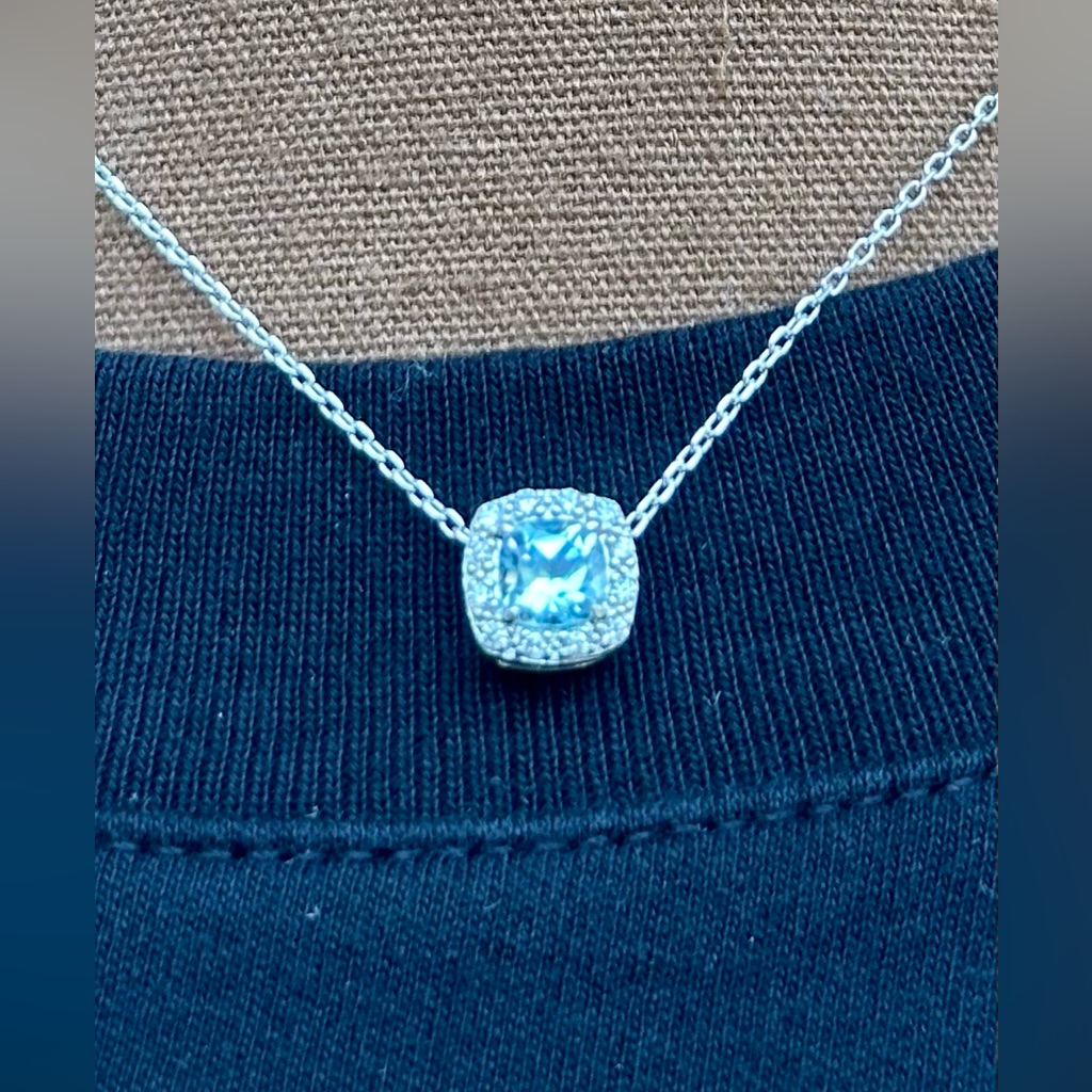 Prime Art Jewel Sterling Silver Light Blue Stone Halo Square Pendant Necklace